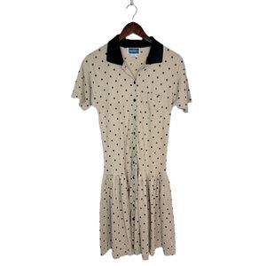 Jenifer V Drop Waist Polka Dot Midi Dress Short Slv Tan Pullover, Collar, Size M